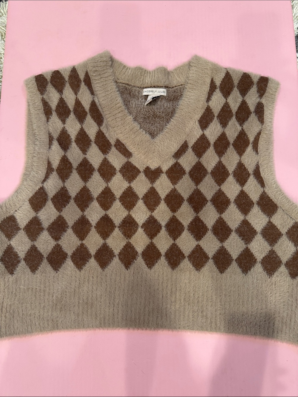 Sincerly Jules Beige and Brown Argyle V-Neck Sweater Vest